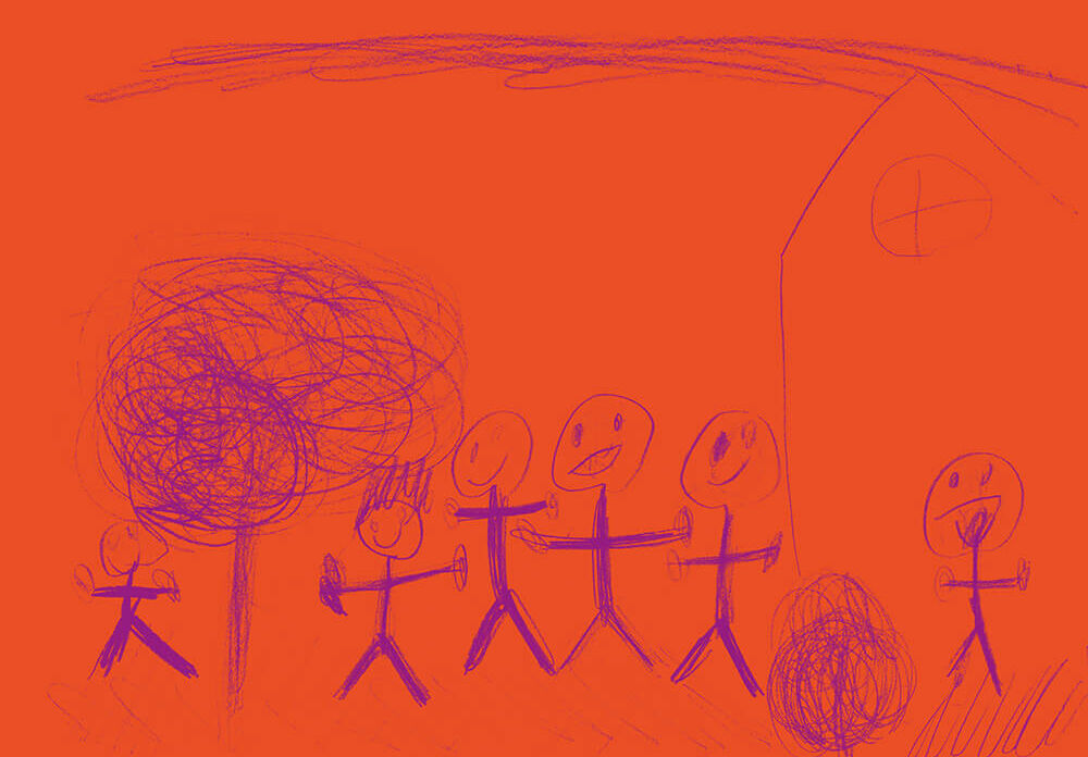Kinderzeichnung einer Familie violett auf orange