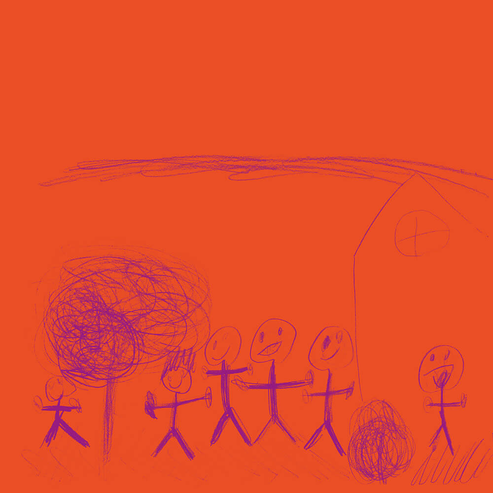 Kinderzeichnung einer Familie violett auf orange